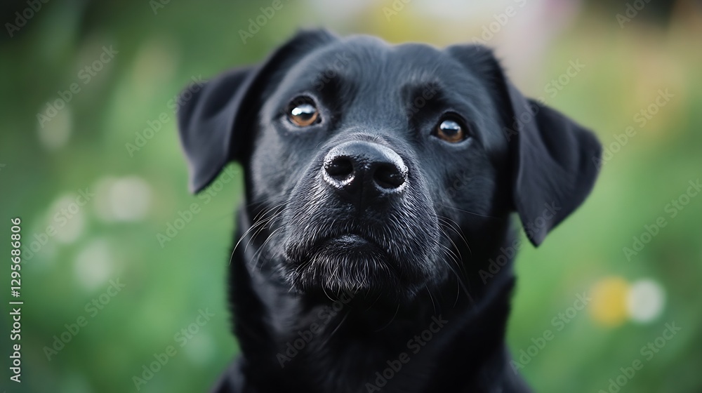 Closeup portrait of a black dog gazing intently with expressive eyes and a softfocus background of nature : Generative AI Closeup portrait of a black dog gazing intently with expressive eyes and a softfocus background of nature : Generative AI
