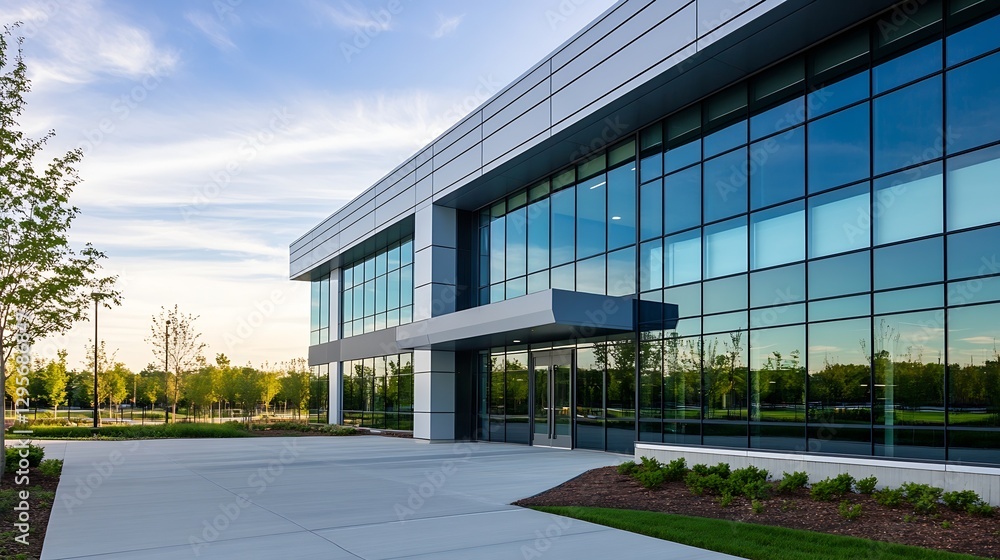 Modern glass office building with sleek design and landscaped surroundings showcasing contemporary architecture : Generative AI Modern glass office building with sleek design and landscaped surroundings showcasing contemporary architecture : Generative AI