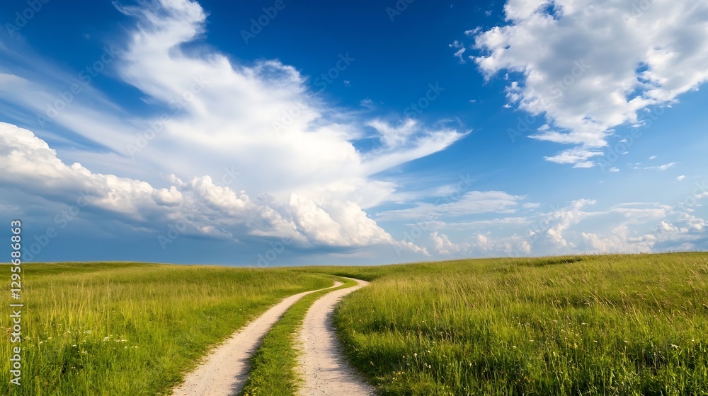 Scenic Country Road through Green Fields and Blue Sky : Generative AI Scenic Country Road through Green Fields and Blue Sky : Generative AI
