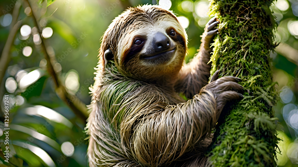 A relaxed clinging to a moss-covered tree, slowly reaching for a nearby leaf, with soft jungle sunlight filtering through the canopy