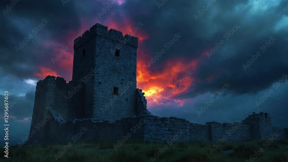 Ancient stone castle ruins under a dramatic sunset sky with vibrant clouds and a moody atmosphere Ancient stone castle ruins under a dramatic sunset sky with vibrant clouds and a moody atmosphere
