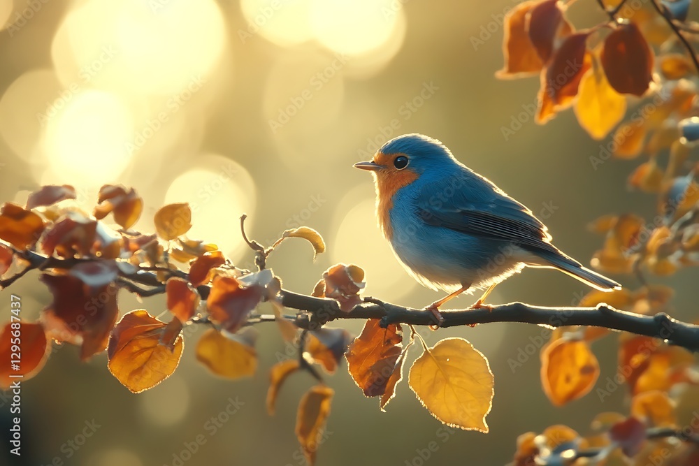 Robin perched, autumn leaves, sunset Robin perched, autumn leaves, sunset