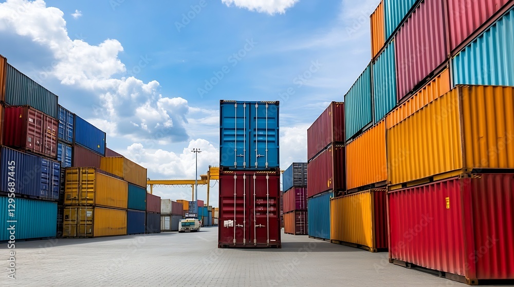 Fototapeta premium Vibrant Shipping Container Yard with Colorful Containers Stacked Together Under a Bright Sky : Generative AI