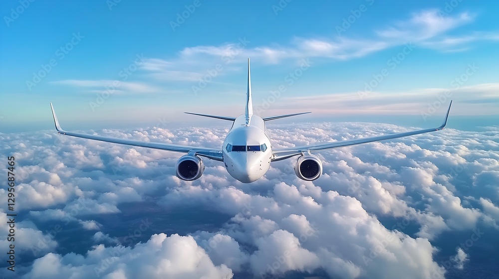 Fototapeta premium Passenger airplane flying above fluffy clouds in a bright sky : Generative AI