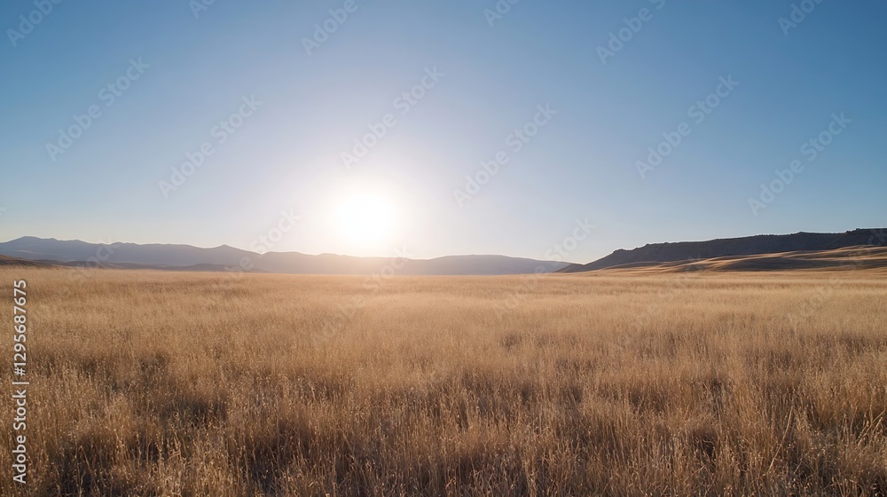 Wide open field under a clear blue sky with the sun setting on the horizon : Generative AI Wide open field under a clear blue sky with the sun setting on the horizon : Generative AI