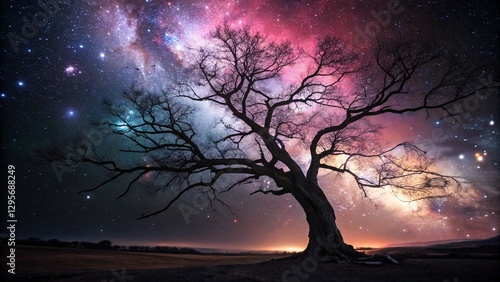 Enormous cosmic tree with glowing branches made of stardust, rooted in a vibrant nebula, reaching out into the star-filled void of space
