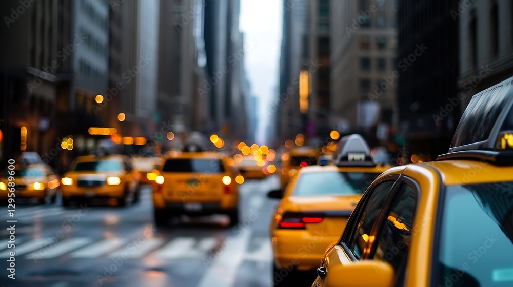 Dynamic city scene filled with yellow taxis and blurred lights creating a vibrant atmosphere on a rainy day : Generative AI Dynamic city scene filled with yellow taxis and blurred lights creating a vibrant atmosphere on a rainy day : Generative AI