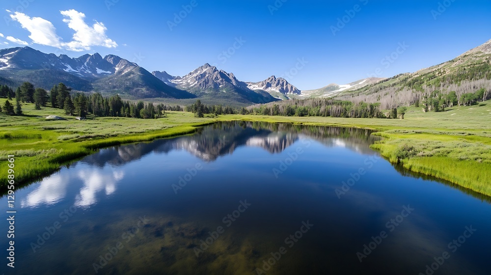 Stunning panoramic view of serene lake surrounded by majestic mountains under a clear blue sky : Generative AI Stunning panoramic view of serene lake surrounded by majestic mountains under a clear blue sky : Generative AI