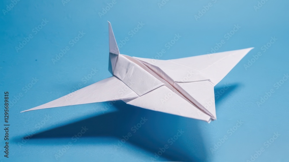 Dynamic origami paper airplane soaring against a vibrant blue backdrop Dynamic origami paper airplane soaring against a vibrant blue backdrop