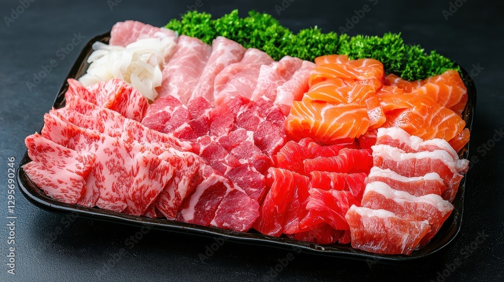 Assortment of raw meat and seafood on a platter. Includes beef, pork, tuna, and salmon. Perfect for hot pot or grilling. Assortment of raw meat and seafood on a platter. Includes beef, pork, tuna, and salmon. Perfect for hot pot or grilling.