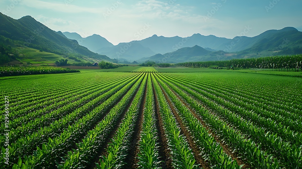 A drone flying over green corn fields A drone flying over green corn fields