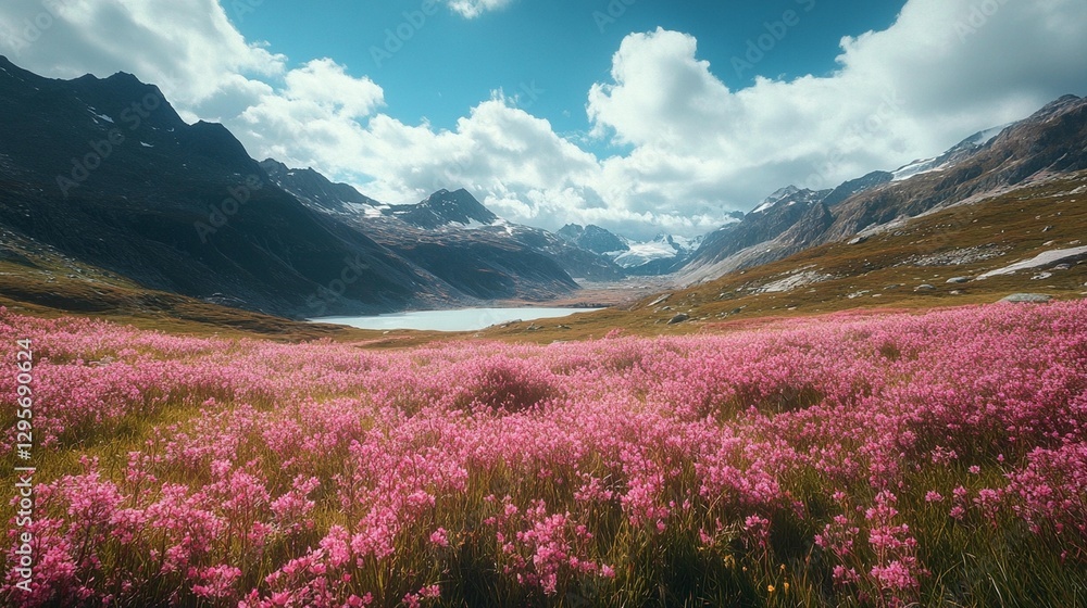 Fototapeta premium Vibrant pink wildflowers bloom in a scenic alpine valley, surrounded by majestic mountains and a tranquil lake under a bright blue sky.