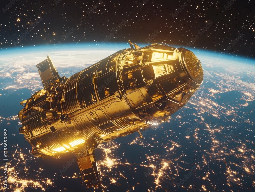 Obraz premium Golden space capsule orbiting Earth with radiant reflections of city lights