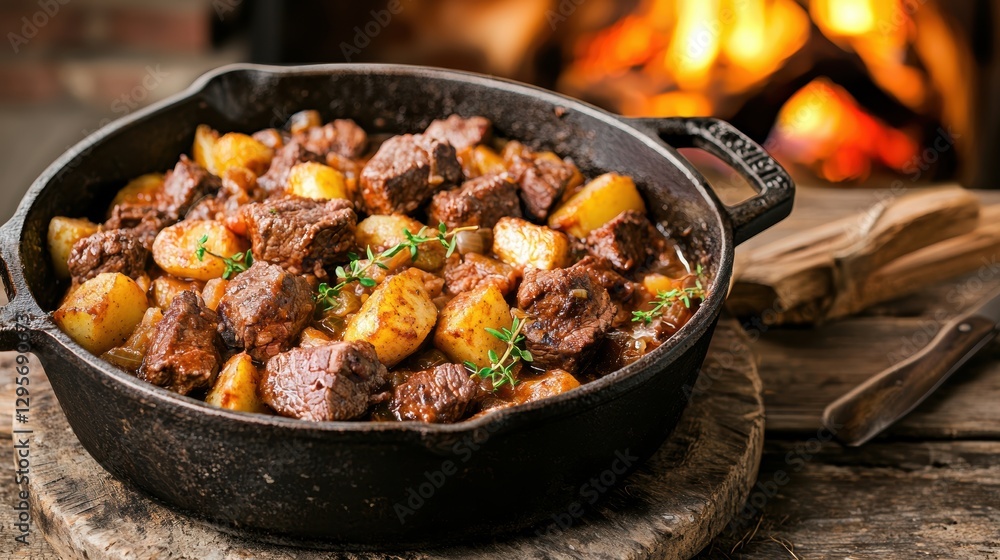 Beef stew with potatoes in a cast iron pot on a wooden table with a fireplace in the background. Comfort food concept. Beef stew with potatoes in a cast iron pot on a wooden table with a fireplace in the background. Comfort food concept.