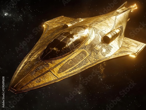 Advanced golden starfighter with a sleek triangular shape flying through the cosmos photo