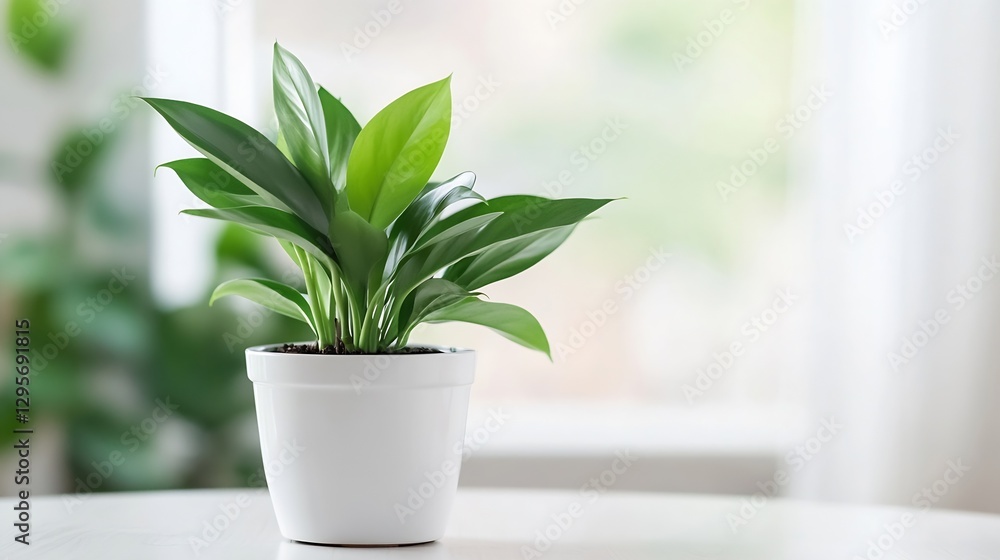 Fresh indoor plant displayed in a white pot creating a calming ambiance in a bright room : Generative AI Fresh indoor plant displayed in a white pot creating a calming ambiance in a bright room : Generative AI