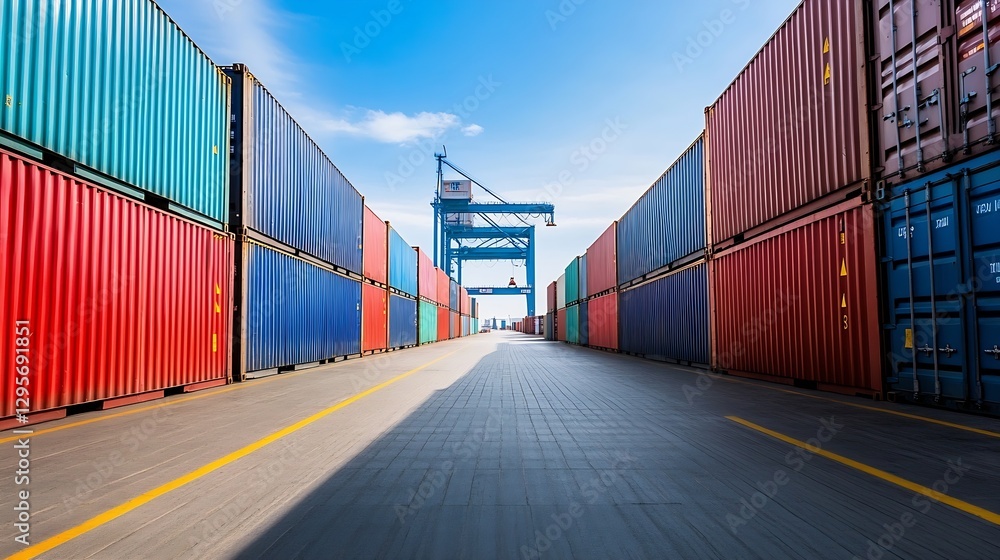 Fototapeta premium Colorful Shipping Containers Stacked at a Busy Port Under Clear Sky : Generative AI