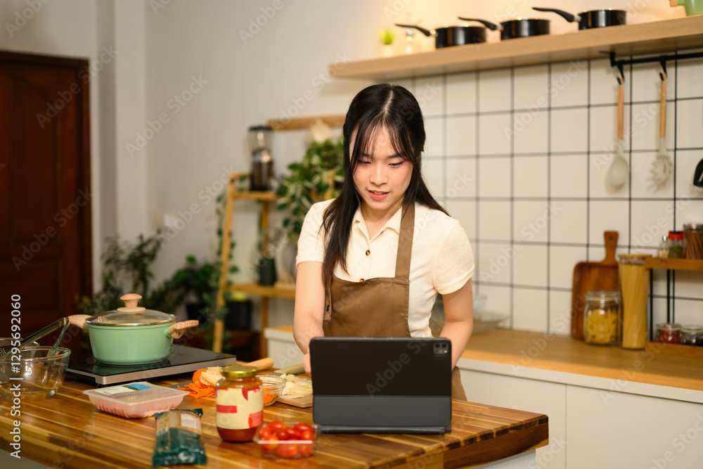 Young Asian woman following a spaghetti recipe on digital tablet while cooking in cozy kitchen Young Asian woman following a spaghetti recipe on digital tablet while cooking in cozy kitchen