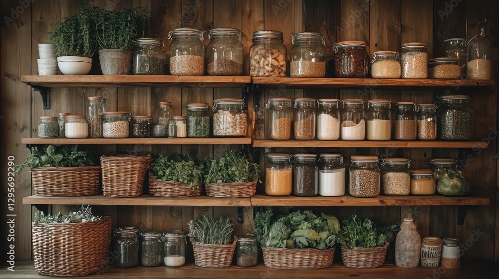 Rustic pantry shelves filled with herbs, spices, and grains Rustic pantry shelves filled with herbs, spices, and grains
