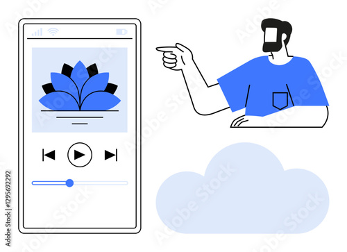 Man pointing at a smartphone displaying a music player interface next to a blue cloud icon. Ideal for music streaming, technology, cloud storage, apps, digital media, user interaction, data