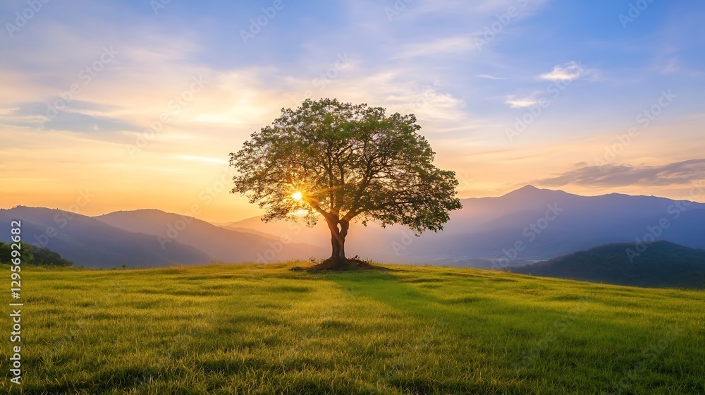 Obraz premium Majestic tree standing alone on a green hill during a stunning sunset in the mountains : Generative AI