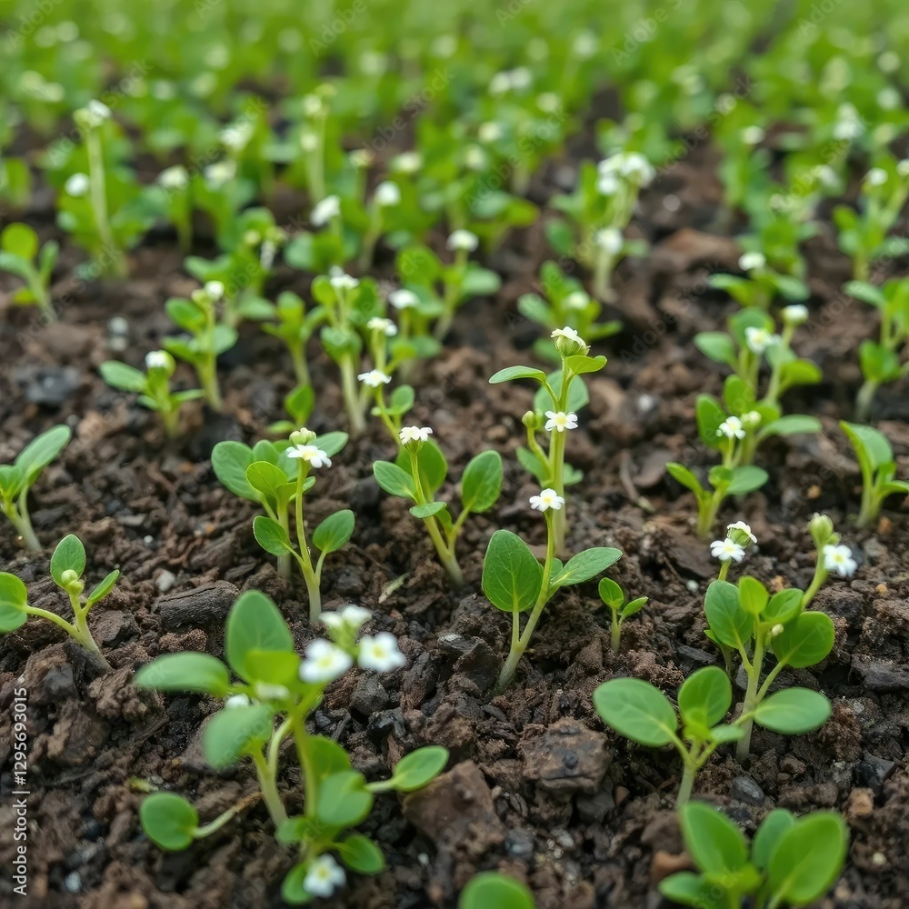 Alfalfa sprouts in soil, green and moist, with tiny white flowers, field, nature Alfalfa sprouts in soil, green and moist, with tiny white flowers, field, nature