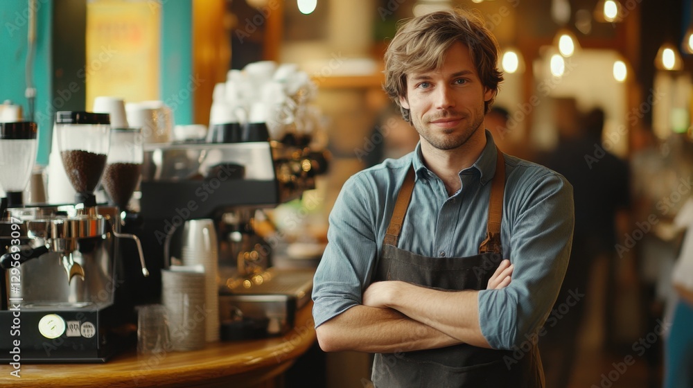 Young barista standing confidently in a cozy coffee shop environment with machines and warm lighting, showcasing passion for coffee and customer service. Young barista standing confidently in a cozy coffee shop environment with machines and warm lighting, showcasing passion for coffee and customer service.