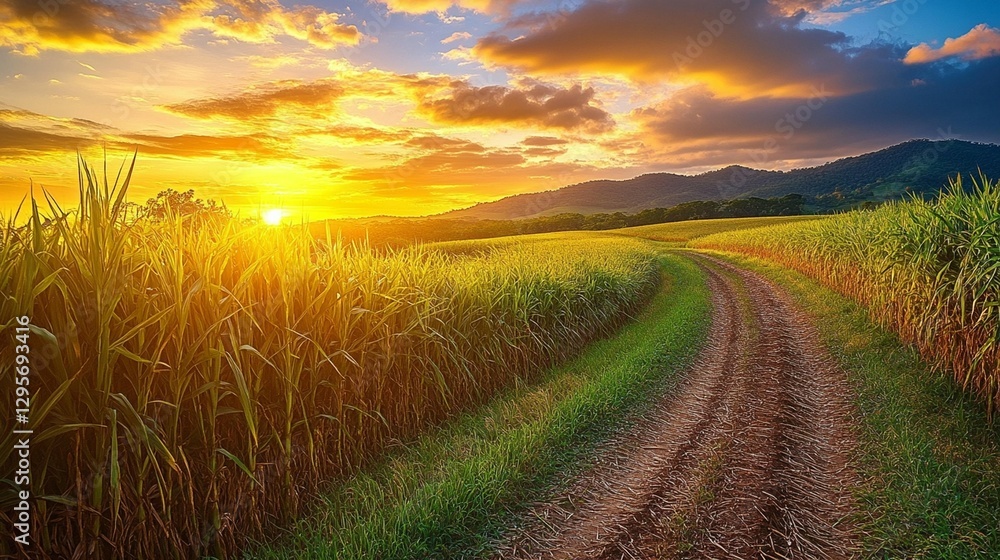 Obraz premium Vibrant sunset over a winding dirt road through a lush green cornfield and rolling hills.
