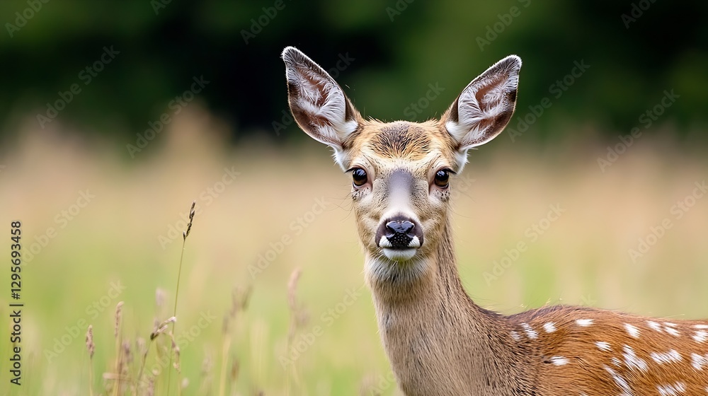 Fototapeta premium Closeup of a curious deer standing gracefully amidst a lush green field : Generative AI