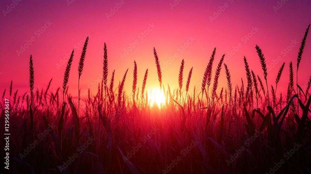 Vibrant sunset over silhouetted wheat field. Vibrant sunset over silhouetted wheat field.
