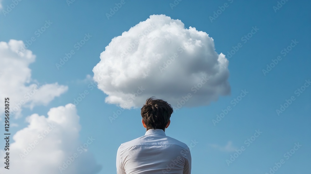 Contemplative man looking at a fluffy cloud in a bright blue sky for a serene and inspirational image : Generative AI Contemplative man looking at a fluffy cloud in a bright blue sky for a serene and inspirational image : Generative AI