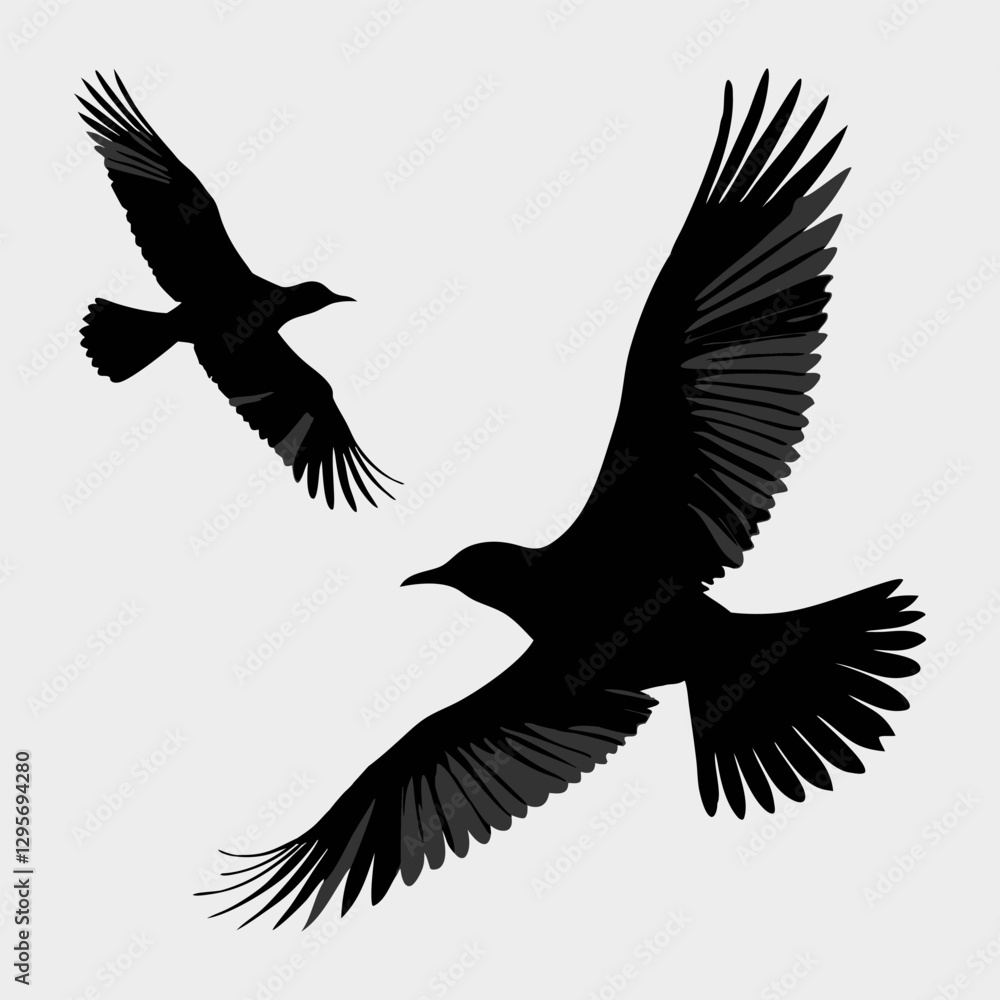 Naklejka premium A black and white silhouette of two birds flying in the sky with spread wings and detailed feather patterns