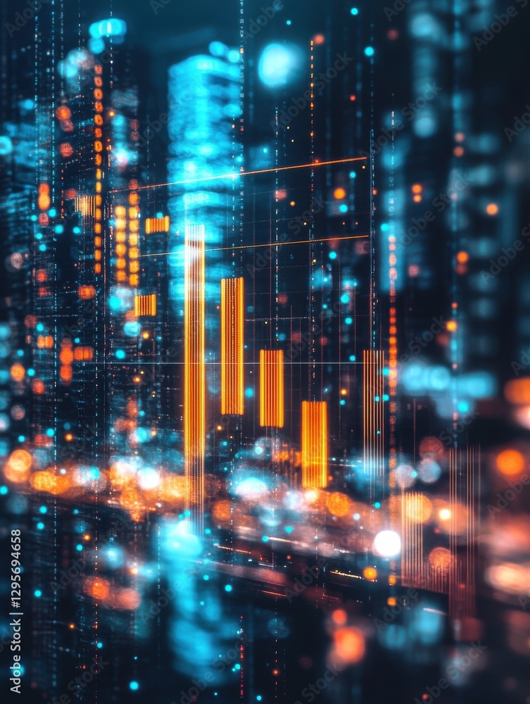 Fototapeta premium Creative glowing big data forex candlestick chart on blurry city background. Trade, technology, investment and analysis concept. Double exposure