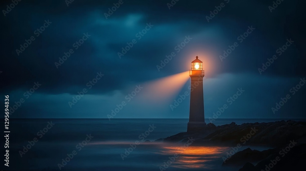 Illuminated Lighthouse Guiding Ships Through Dark Waters at Night Illuminated Lighthouse Guiding Ships Through Dark Waters at Night