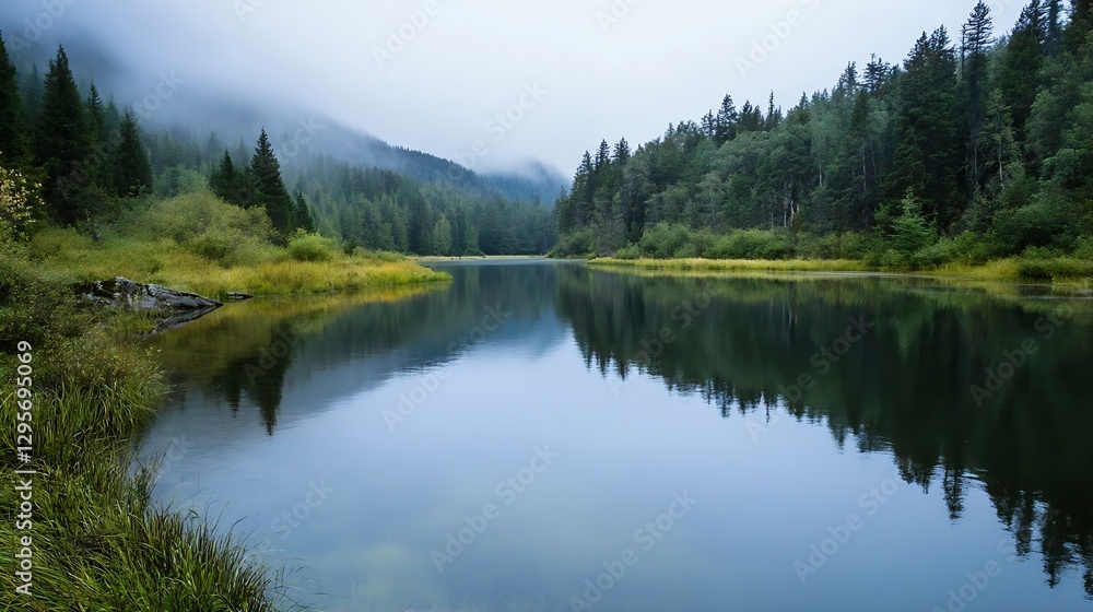 Calm Lake Surrounded by Forest and Misty Mountains in Nature : Generative AI Calm Lake Surrounded by Forest and Misty Mountains in Nature : Generative AI