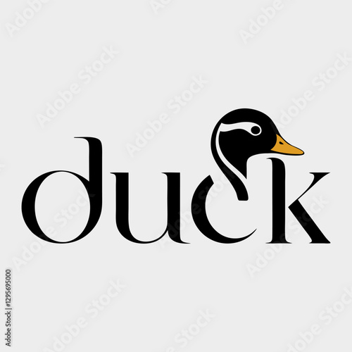 The word duck in a stylish font with the head of a duck and yellow beak