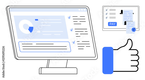 Large computer monitor displaying data, graphs, and charts. Adjacent screen shows payment receipt completion. Thumbs up icon for approval. Ideal for finance, success, teamwork, productivity