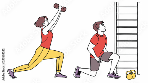 Strong Female Weightlifter Illustration in Bold Fitness Workout Poses on Transparent Background
