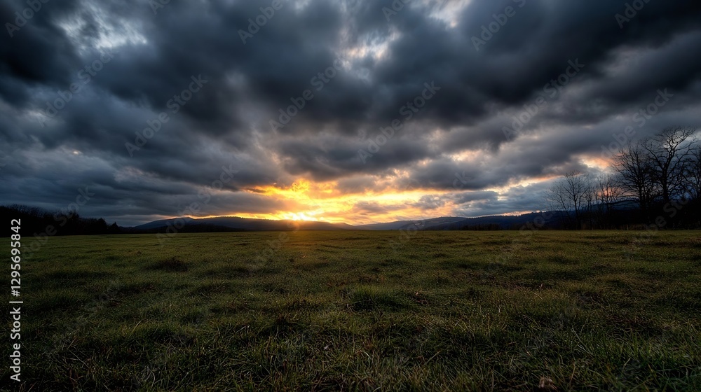 Fototapeta premium Dramatic sunset lighting up the sky above a vast grassy field with swirling clouds : Generative AI