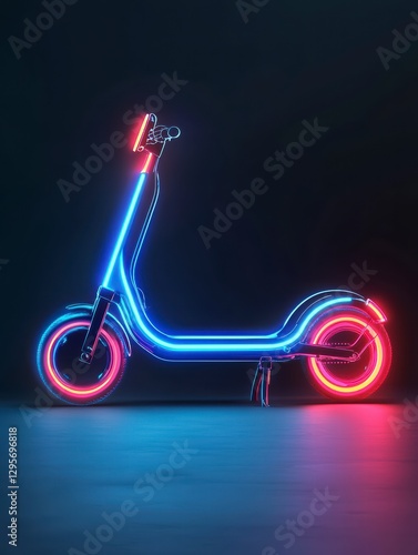 Electric Scooter in Neon: A modern electric scooter is illuminated with striking neon lights, showcasing its sleek design and vibrant appeal against a dark background, hinting at speed, future.