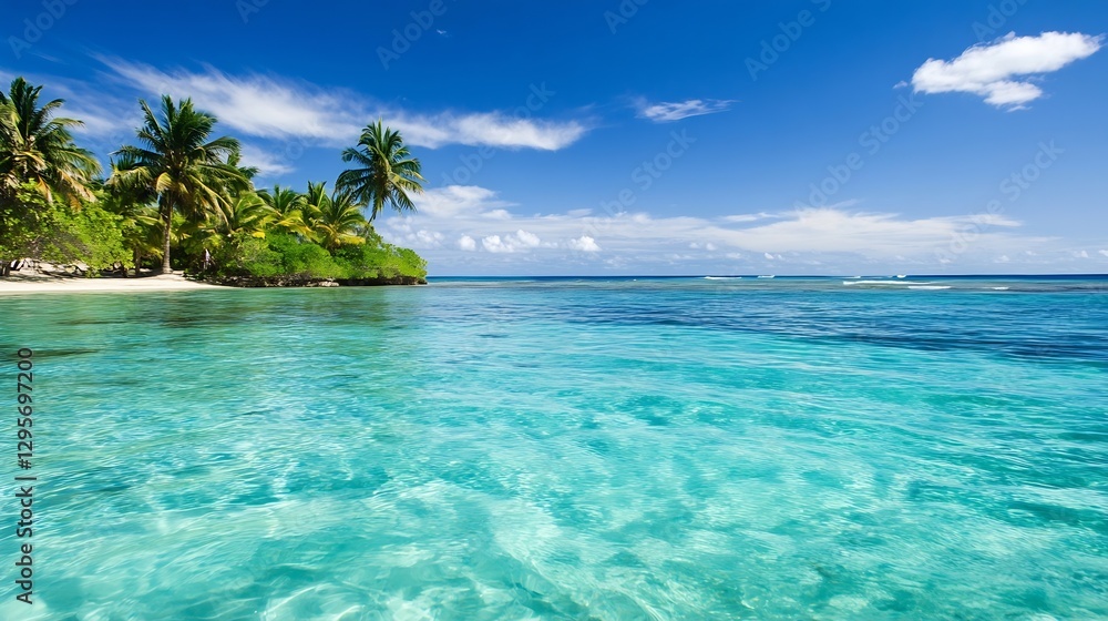 Fototapeta premium Tranquil Tropical Beachscape with Crystal Clear Water and Lush Palm Trees : Generative AI
