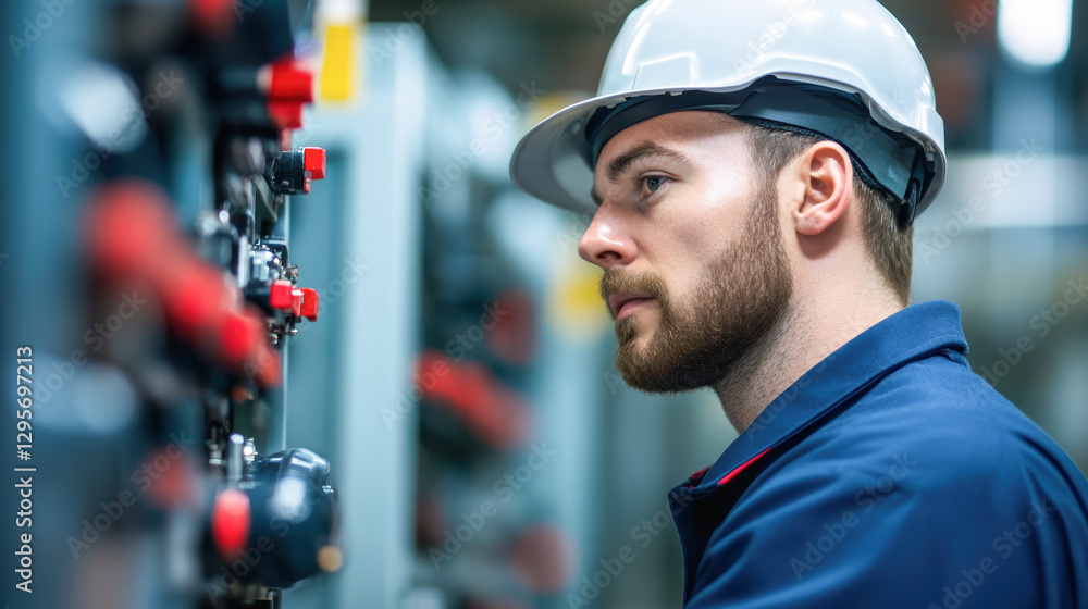 A man in a blue shirt and white hat is looking at a machine A man in a blue shirt and white hat is looking at a machine