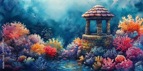 Underwater Stone Gazebo Surrounded by Colorful Coral Reef Artwork