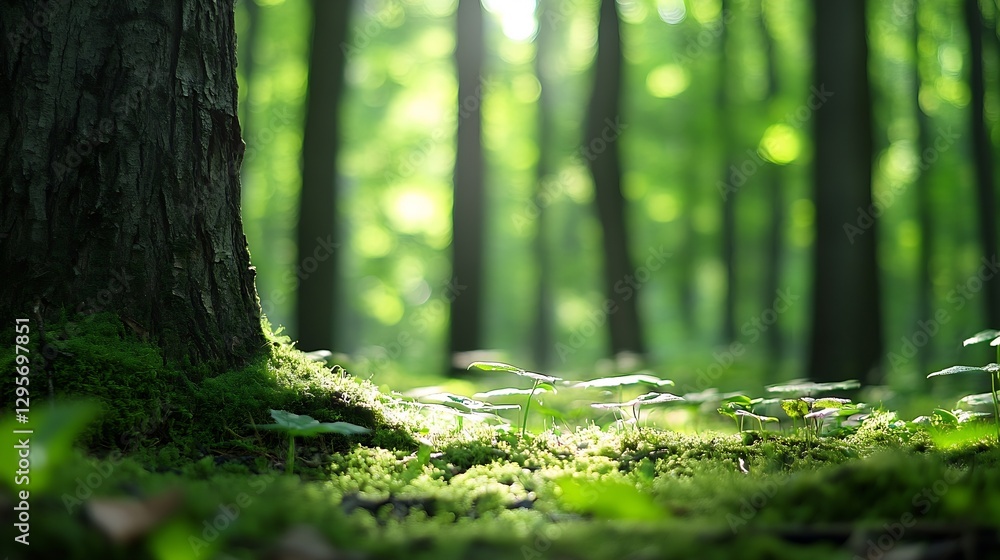 Naklejka premium Serene forest floor covered with lush greenery and sunlight filtering through trees : Generative AI