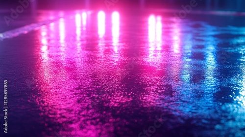 Wet ground reflecting neon pink and blue lights at night.
