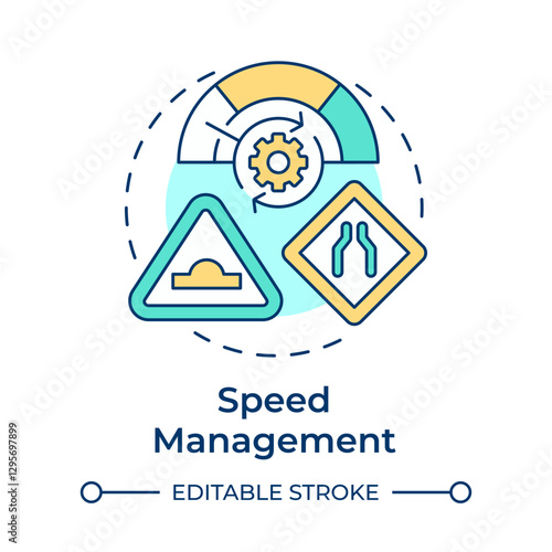 Speed management multi color concept icon. Traffic calming strategy. Road safety regulation methods. Round shape line illustration. Abstract idea. Graphic design. Easy to use in brochure
