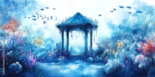 Watercolor Underwater Garden with Gazebo and Swimming Fish Illustration