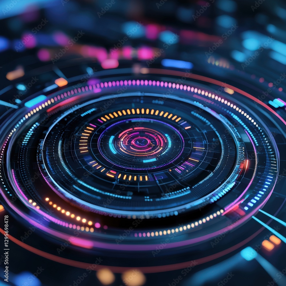 Vibrant abstract technology design featuring neon circles, dynamic patterns, and a futuristic aesthetic, perfect for digital art and tech backgrounds. Vibrant abstract technology design featuring neon circles, dynamic patterns, and a futuristic aesthetic, perfect for digital art and tech backgrounds.