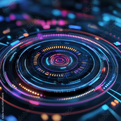 Wallpaper Mural Vibrant abstract technology design featuring neon circles, dynamic patterns, and a futuristic aesthetic, perfect for digital art and tech backgrounds. Torontodigital.ca