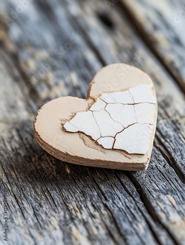 Close up of a rustic wooden heart on a weathered table background showcasing its unique texture and charm : Generative AI photo